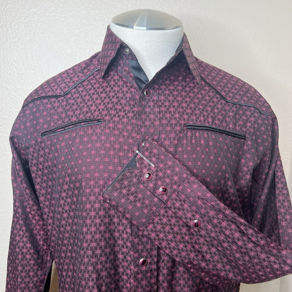 Ace of Diamond Pearl Snap Western Shirt Mens Medium Red Rayon Shiny